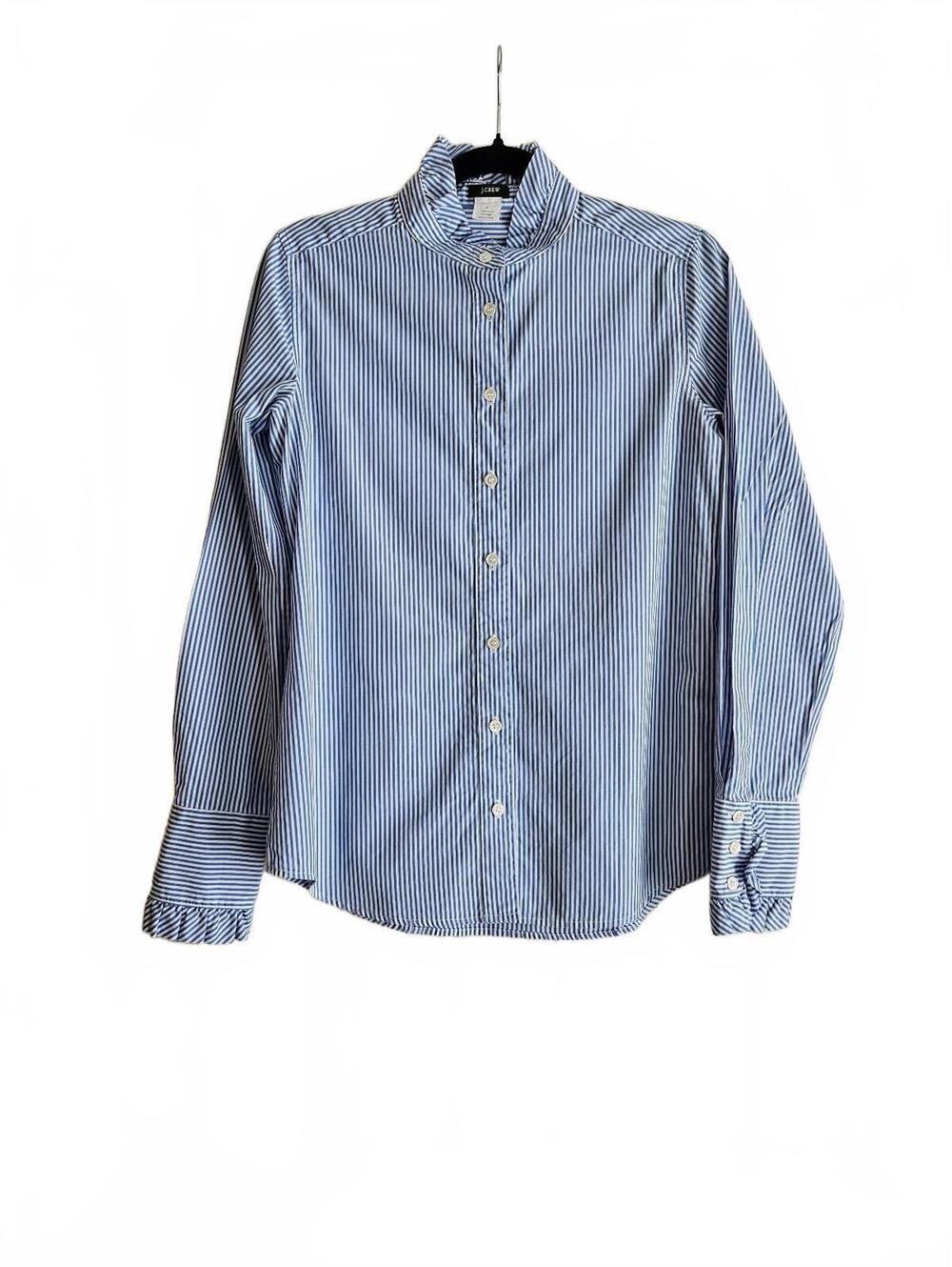 J.Crew Jules Ruffle Poplin Women's Blouse in Classic Blue & White Stripes-Size 6